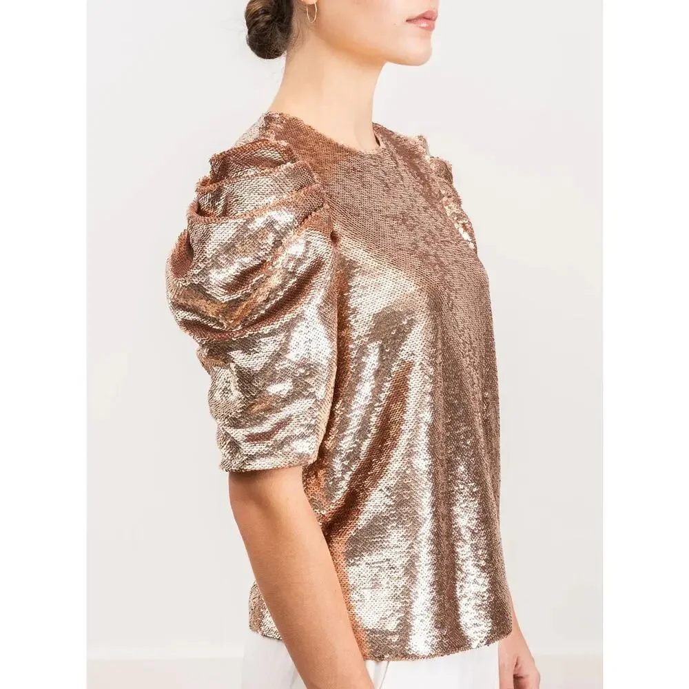 Ulla Johnson Rae Sequin Blouse Size 2 Rose Gold Puff Sleeve Party Top Metallic
